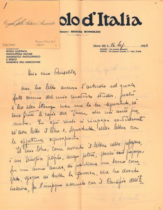 Lettera di Arturo Assante a Giovanni Ansaldo, 16-07-1934 (1)